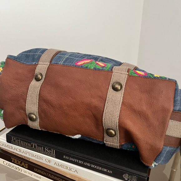 Free People Embroidered Blue Checkered Denim Women's Bag - Picture 7 of 13